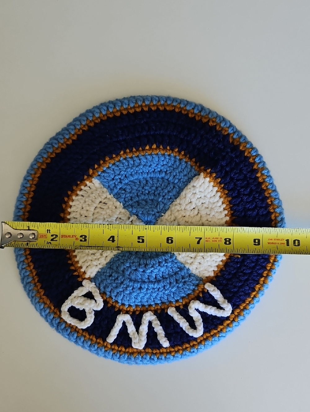 Vintage Handmade BMW Crocheted Blue and White Women's Beret with Gold Trim - Picture 5 of 5